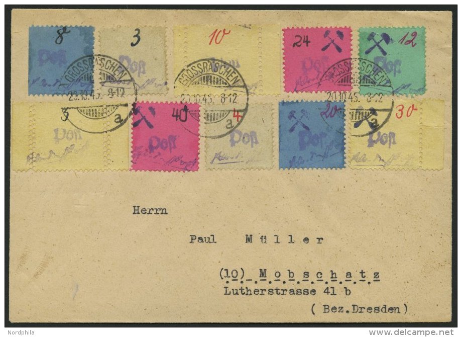 GROSSR&Auml;SCHEN 3S,6S,10S BRIEF, 1945, 5 (doppelte Z&auml;hnung!), 10 Und 30 Pf. Geb&uuml;hrenmarken Aus Streifen, Pra - Postes Privées & Locales