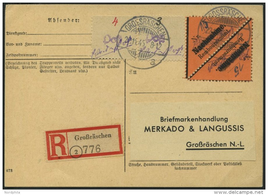 GROSSR&Auml;SCHEN-VORL&Auml;UFER V 2AI Paar BRIEF, 1945, 15 Pf. Schwarz Auf Br&auml;unlichrot, Gez&auml;hnt, Nachnahme I - Correos Privados & Locales