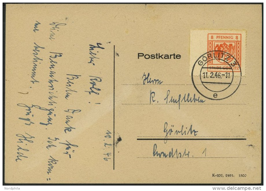 G&Ouml;RLITZ 15UI BRIEF, 1945, 6 Pf. Rotorange, Gelblich Gestrichenes Papier, Linkes Randst&uuml;ck, Links Ungez&auml;hn - Correos Privados & Locales