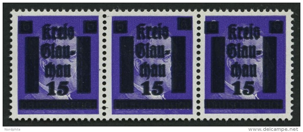 GLAUCHAU 5aDDI **, 1945, 15 Auf 6 Pf. Lebhaftblauviolett Doppelaufdruck Im Waagerechten Dreierstreifen, Ein Wert Mit Aba - Privatpost