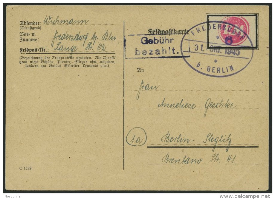 FREDERSDORF Sp 227FIV BRIEF, 1945, 6 Pf., Rahmengr&ouml;&szlig;e 28x19 Mm, Gro&szlig;e Wertziffer, Mit Abart Wertziffer - Postes Privées & Locales