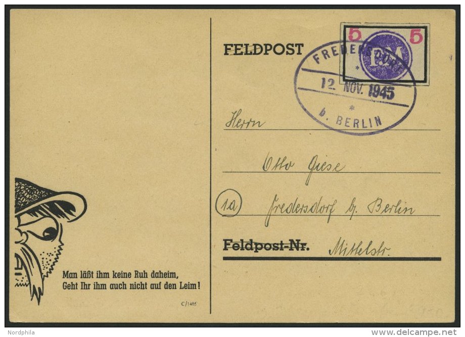 FREDERSDORF Sp 226 BRIEF, 1945, 5 Pf., Rahmengr&ouml;&szlig;e 28x19 Mm, Gro&szlig;e Wertziffern, Auf Postkarte, Pracht, - Postes Privées & Locales