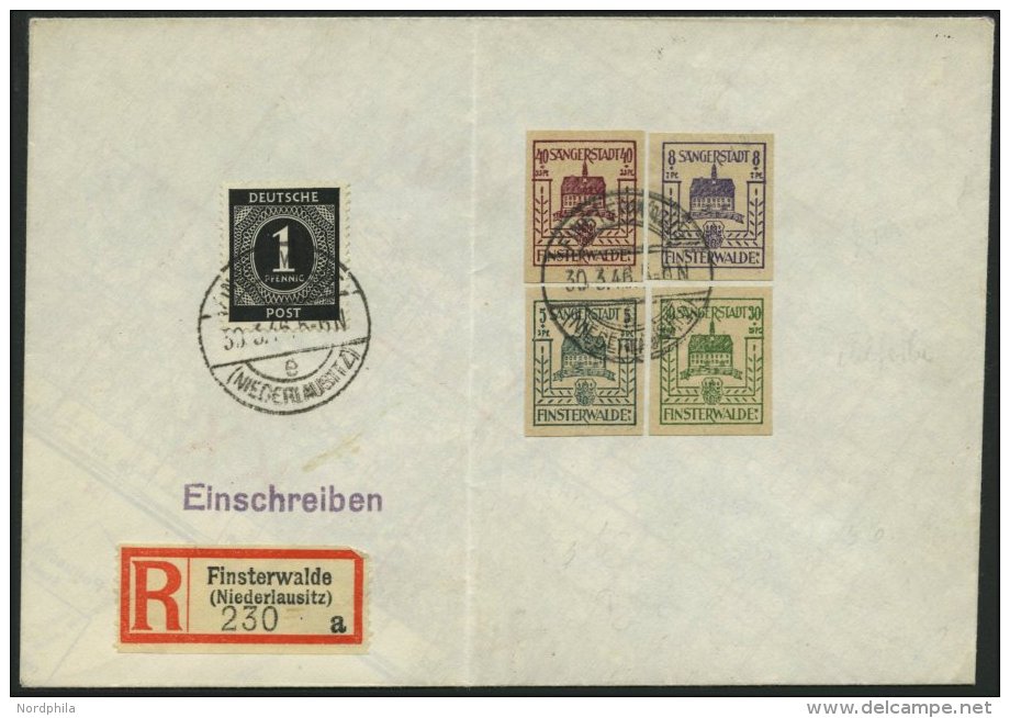 FINSTERWALDE 3,5,9b BRIEF, 1946, 8 Pf. Dunkelblauviolett Mit 5 Und 30 Pf. Wiederaufbau Zusatzfrankatur Auf Einschreibbri - Privatpost