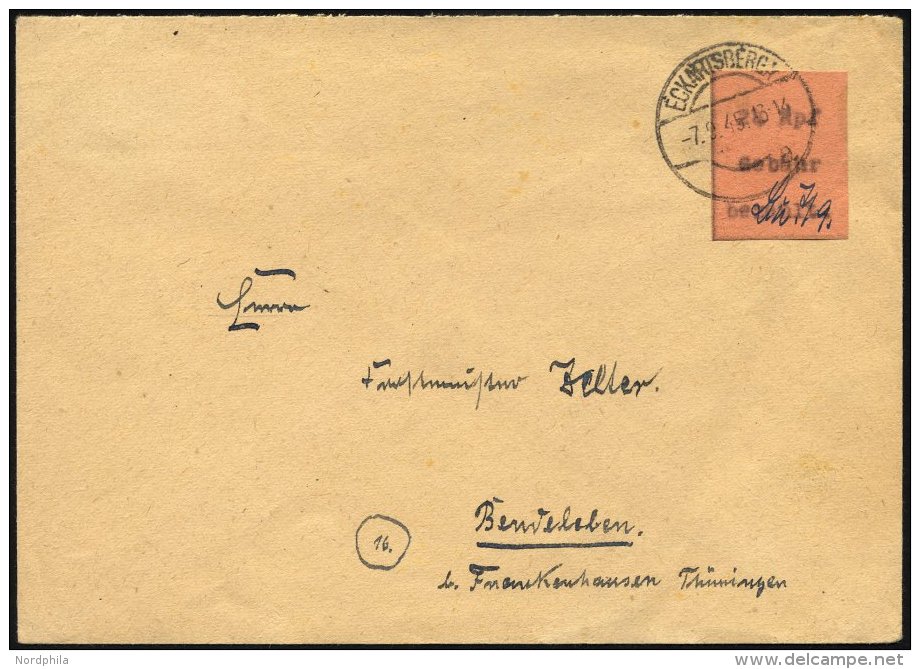 ECKARTSBERGA 3I BRIEF, 1945, 24 Pf. Schwarz Auf Hellbraun, Signum Bu (Busch), Einzelfrankatur Auf Prachtbrief Vom 7.9., - Correos Privados & Locales