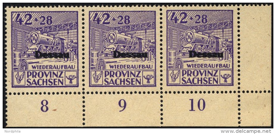 DESSAU IIIADD **, 1946, 42 Pf. Wiederaufbau, Gez&auml;hnt, Mit Doppeltem Aufdruck Im Dreierstreifen Aus Der Unteren Rech - Correos Privados & Locales