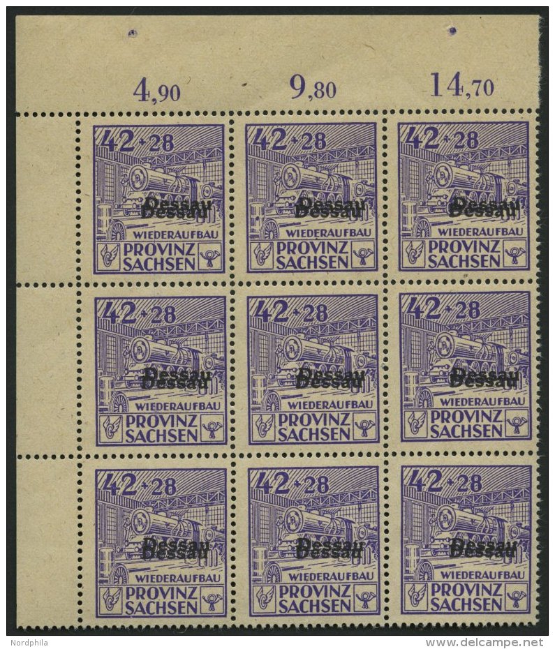 DESSAU IIIADD **, 1946, 42 Pf. Wiederaufbau, Gez&auml;hnt, Mit Doppeltem Aufdruck Im Neunerblock Aus Der Linken Oberen B - Privatpost