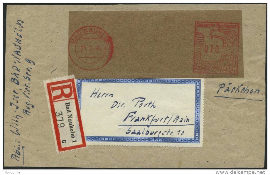 BAD NAUHEIM III BRIEF, 1946, 70 Pf. Freistempler Barfrankatur Auf Einschreib-P&auml;ckchen-Vorderseite, Pracht, Gepr. Zi - Privatpost