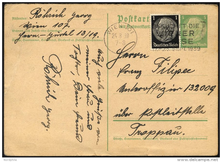 FELDPOST II. WK BELEGE P 225,512 BRIEF, &Uuml;bungspost 1939: 5 Pf. Hindenburg- Ganzsachenkarte Mit 1 Pf. Zusatzfrankatu - Besetzungen 1938-45