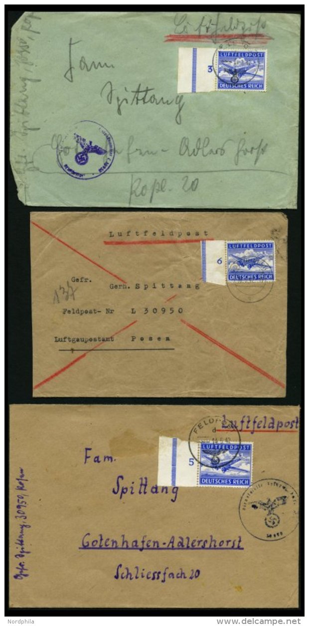 FELDPOSTMARKEN 1A BRIEF, 1942, Zulassungsmarke, Gez&auml;hnt, 3 Linke Randst&uuml;cke (Nr. 3,5 Und 6) Je Auf Luftfeldpos - Besetzungen 1938-45