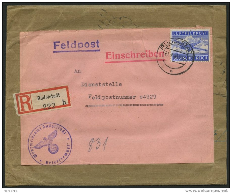 FELDPOSTMARKEN 1A BRIEF, 1943, Zulassungsmarke, Gez&auml;hnt, Einschreibbrief Von RUDOLSTADT An Die FP-Nummer 04929, Fei - Ocupación 1938 – 45