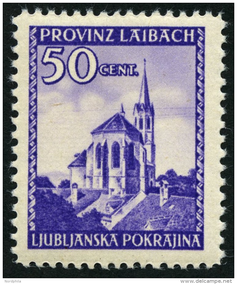 LAIBACH 49I **, 1945, 50 C. Violett Mit Abart 2 Telegraphendr&auml;hte In H&ouml;he Des Kirchturms, Pracht, Mi. 140.- - Ocupación 1938 – 45