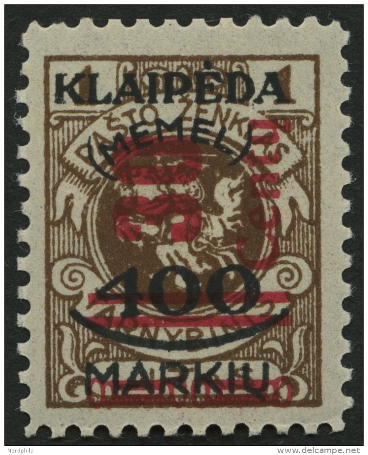 MEMELGEBIET 232 **, 1923, 30 C. Auf 400 M. Auf 1 L. Braun, Postfrisch, &uuml;blich Gez&auml;hnt Pracht, Mi. 80.- - Memel (Klaipeda) 1923