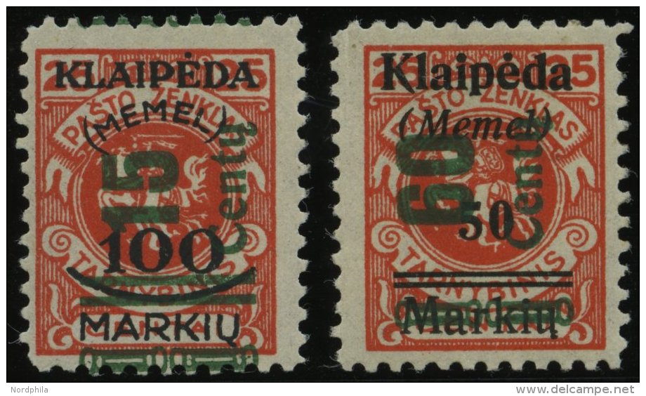 MEMELGEBIET 231,233 *, 1923, 15 C. Auf 100 M. Auf 25 C. Und 60 C. Auf 50 M. Auf 25 C., Fast Postfrisch, Pracht, Gepr. Dr - Memel (Klaipeda) 1923