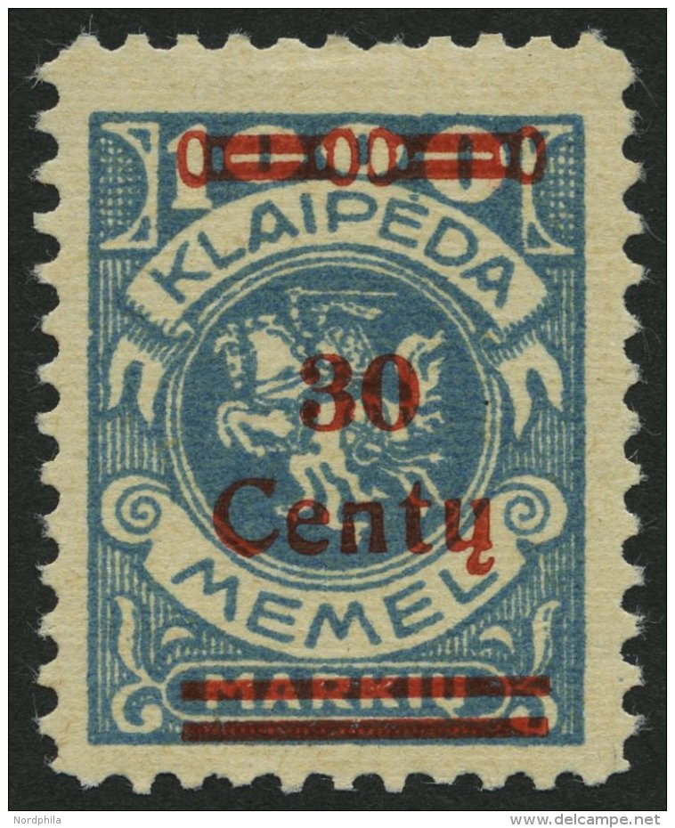 MEMELGEBIET 229 *, 1923, 30 C. Auf 1000 M. Gr&uuml;nlichblau, Kleiner Falzrest, &uuml;blich Gez&auml;hnt Pracht, Mi. 80. - Memel (Klaipeda) 1923