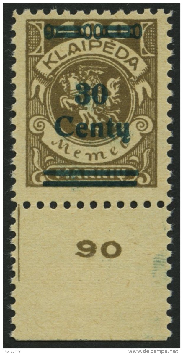 MEMELGEBIET 228II **, 1923, 30 C. Auf 400 M. Dunkelolivbraun, Type II, Unterrandst&uuml;ck, Postfrisch, Pracht - Memel (Klaipeda) 1923