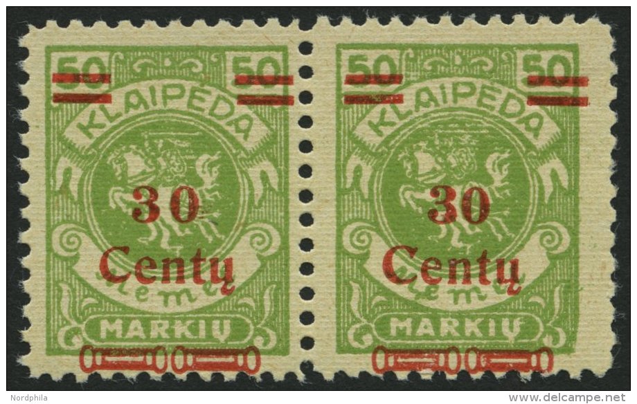 MEMELGEBIET 226I,II **, 1923, 30 C. Auf 50 M. Gelbgr&uuml;n, Type I Und II Zusammen Im Waagerechten Paar, Postfrisch Pra - Memelgebiet 1923