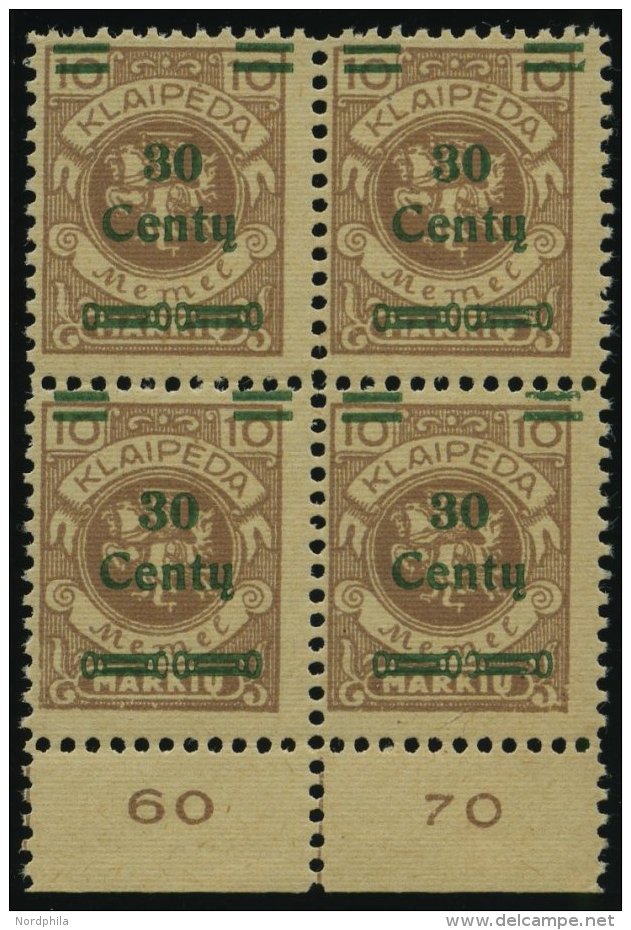 MEMELGEBIET 222 VB **, 1923, 30 C. Auf 10 M. Hellbraun Im Postfrischen Viererblock Vom Unterrand, Pracht, Mi. (1000.-) - Memel (Klaipeda) 1923