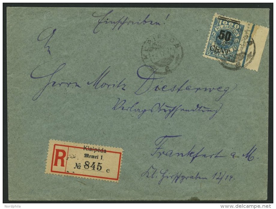 MEMELGEBIET 191 BRIEF, 1923, 50 C. Auf 1000 M. Gr&uuml;nlichblau, Rechtes Randst&uuml;ck Als Einzelfrankatur Auf Einschr - Memelgebiet 1923