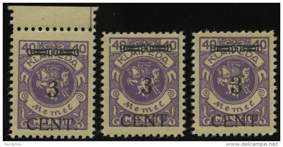 MEMELGEBIET 178 **, 1923, 3 C. Auf 40 M. Lebhaftgrauviolett, Type I,II Und III, 3 Werte Feinst/Pracht - Memel (Klaipeda) 1923