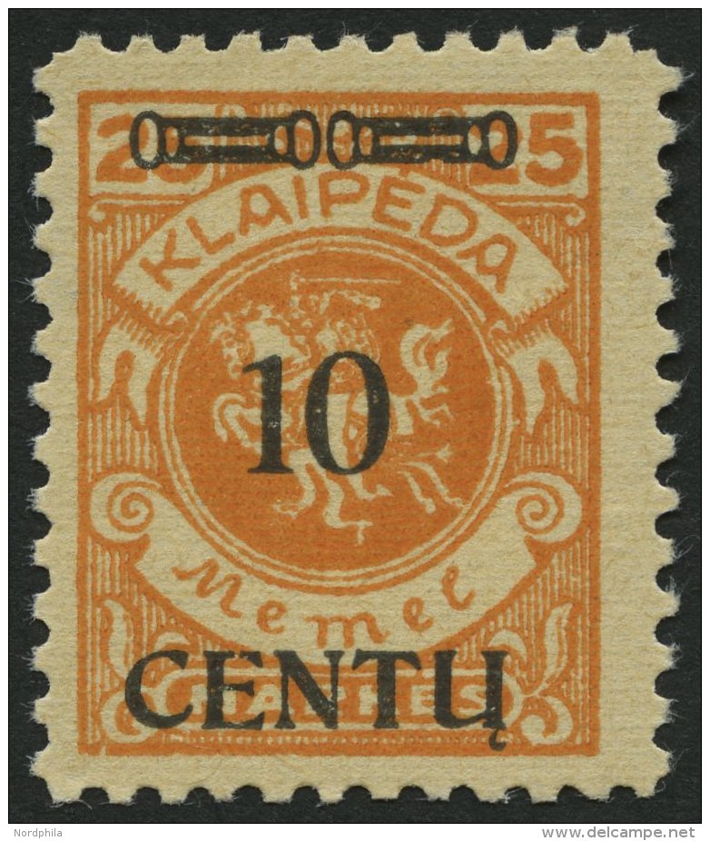 MEMELGEBIET 169BI **, 1923, 10 C. Auf 25 M. Lebhaftr&ouml;tlichorange, Type BI, Postfrisch, Pracht, Gepr. Dr. Klein - Memel (Klaipeda) 1923