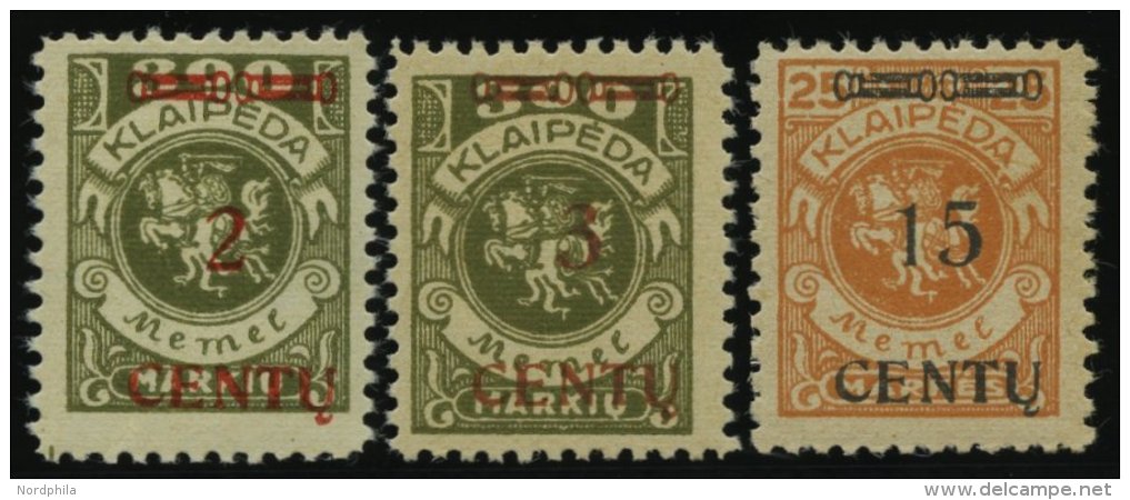 MEMELGEBIET 167/8,170 **, 1923, 2 C. Auf 300 M, 3 C. Auf 300 M. Und 15 C. Auf 25 M. Postfrisch, 3 Prachtwerte, Mi. 145.- - Memel (Klaipeda) 1923
