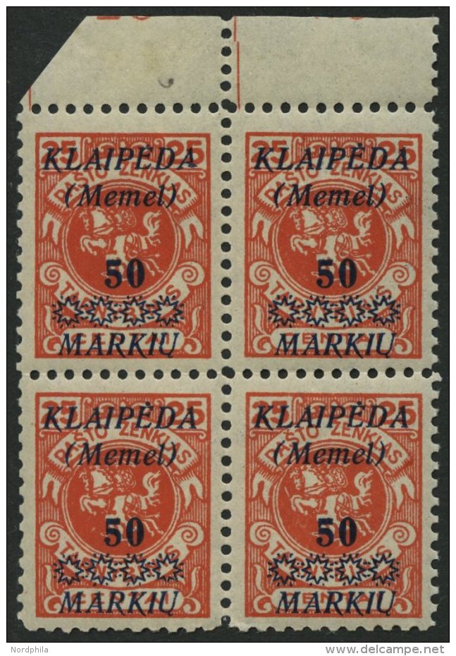 MEMELGEBIET 138 VB **, 1923, 50 M. Auf 25 C. Dunkelzinnoberrot Im Oberrandviererblock, Ein Wert Kleiner Gummifehler Sons - Memel (Klaipeda) 1923