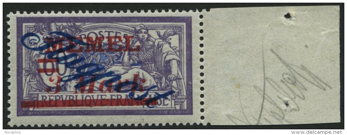 MEMELGEBIET 79 **, 1922, 3 M. Auf 60 C. Flugpost, Rechtes Randst&uuml;ck, Postfrisch, Pracht, Mi. (500.-) - Memel (Klaipeda) 1923