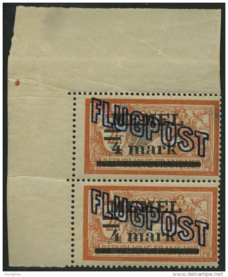 MEMELGEBIET 46Ia **, 1921, 4 M. Auf 2 Fr. R&ouml;tlichorange/graut&uuml;rkis Mit Abart 4 Verdickt, Im Senkrechten Paar A - Memel (Klaipeda) 1923