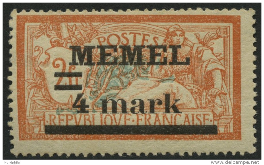 MEMELGEBIET 31yIPF Ia **, 1920, 4 M. Auf 2 Fr. R&ouml;tlichorange/hellgr&uuml;nlichblau, Type I, Mit Abart Querbalken De - Memelgebiet 1923