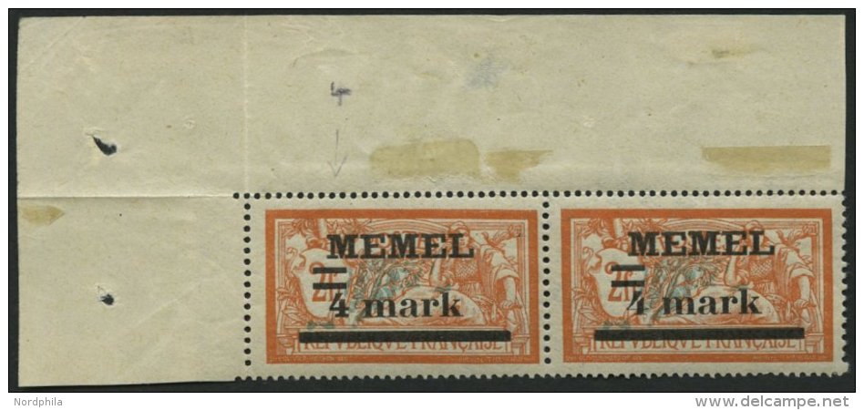 MEMELGEBIET 31IyPF Ia **, 1920, 4 M. Auf 2 Fr. R&ouml;tlichorange/hellgr&uuml;nlichblau, Type I, Mit Abart Querbalken De - Memelgebiet 1923