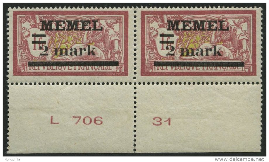 MEMELGEBIET 28yBru **, 1920, 2 M. Auf 1 Fr. Lebhaftbr&auml;unlichkarmin/gr&uuml;nlichgelb, Unterrandpaar Mit Druckdatum, - Memelgebiet 1923