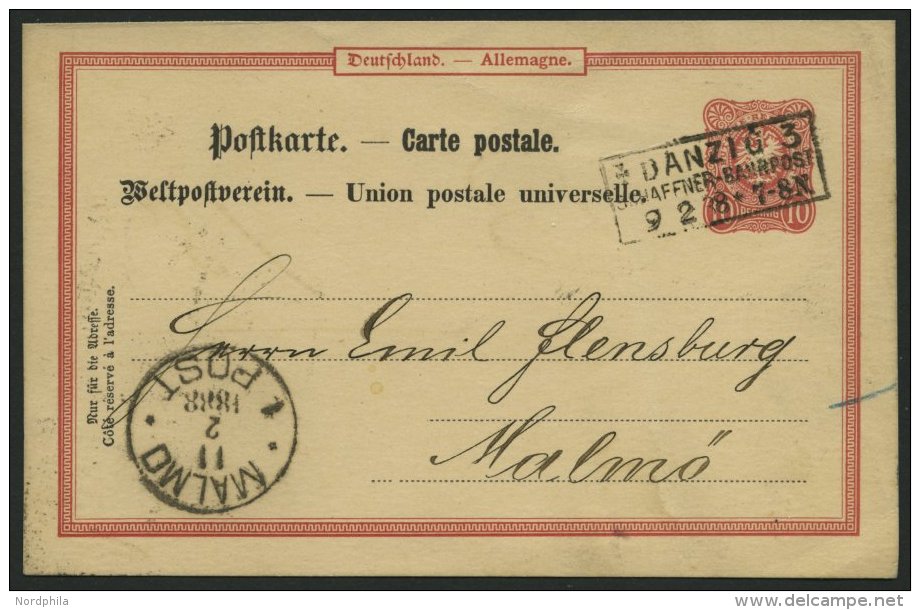 FREIE STADT DANZIG P 15 BRIEF, DANZIG 3 Schaffner Bahnpost, R3, 1888, Mit Dt. Reich 10 Pf. Karmin Auf Prachtkarte Nach M - Otros & Sin Clasificación