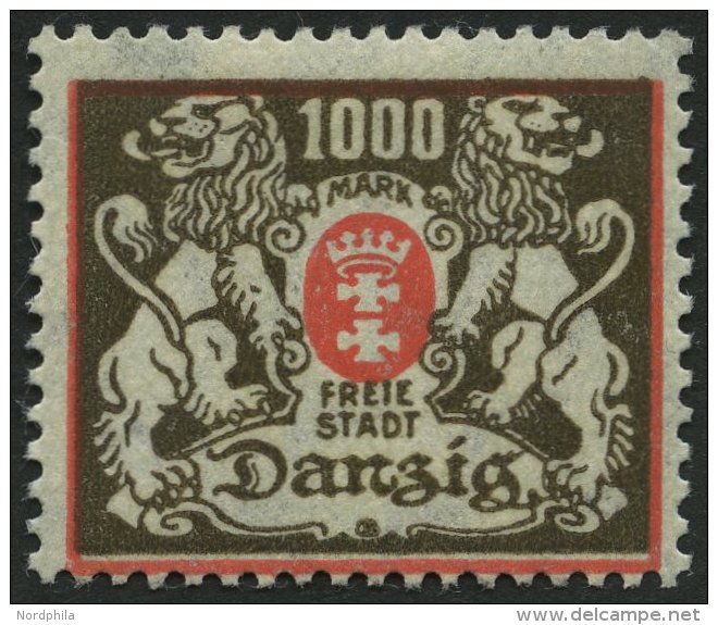 FREIE STADT DANZIG 145X *, 1923, 1000 M. Rot/schwarzbraun, Wz. X, Falzrest, Pracht, Mi. 300.- - Otros & Sin Clasificación