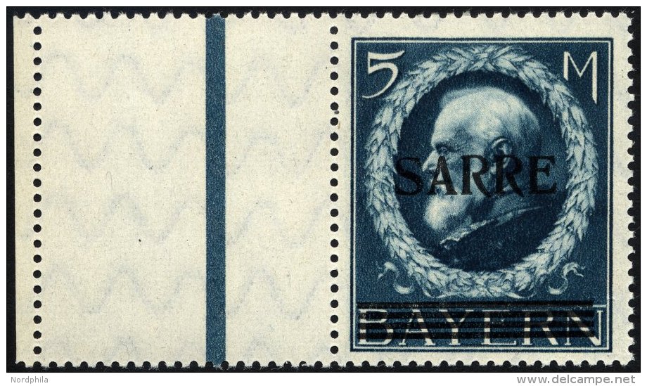 SAARGEBIET 30L **, 1920, 5 M. Bayern-Sarre Mit Anh&auml;ngendem Leerfeld, Pracht, Gepr. Burger, Mi. 3000.- - Otros & Sin Clasificación