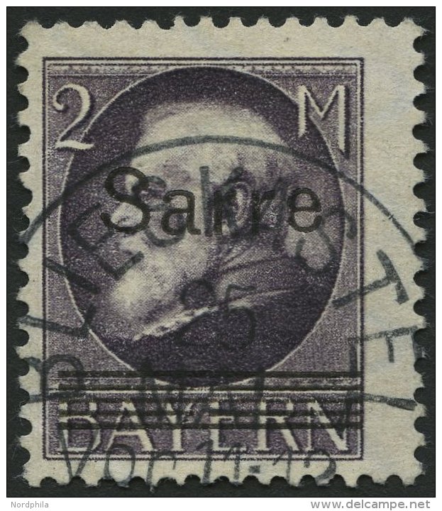 SAARGEBIET 28b O, 1920, 2 M. Schwarzgrauviolett Bayern-Sarre, Feinst (kleine Knitter), Gepr. Burger, Mi. 170.- - Otros & Sin Clasificación