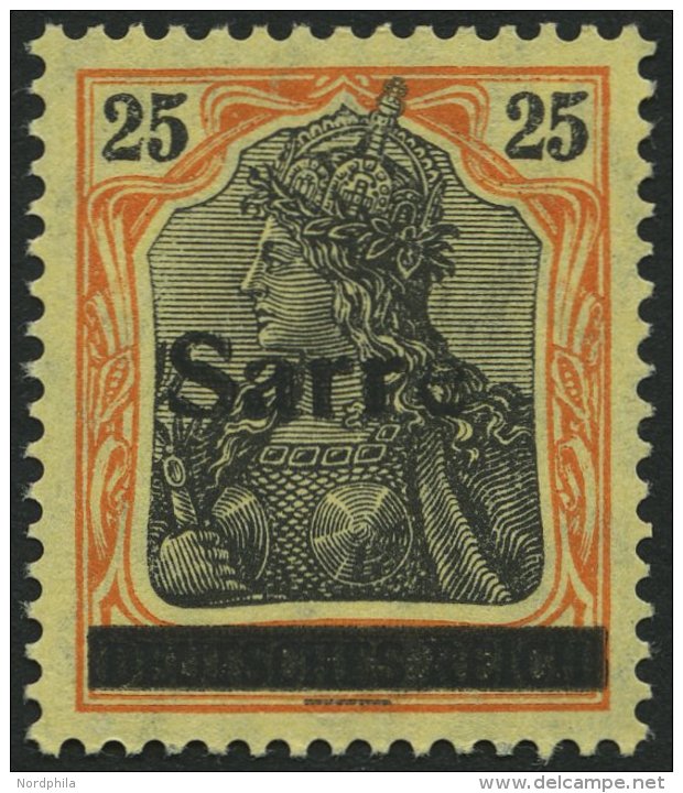 SAARGEBIET 9bIII *, 1920, 25 Pf. Gelborange/schwarz Auf Gelbwei&szlig;, Type III, Pracht, Gepr. Braun, Mi. 75.- - Otros & Sin Clasificación