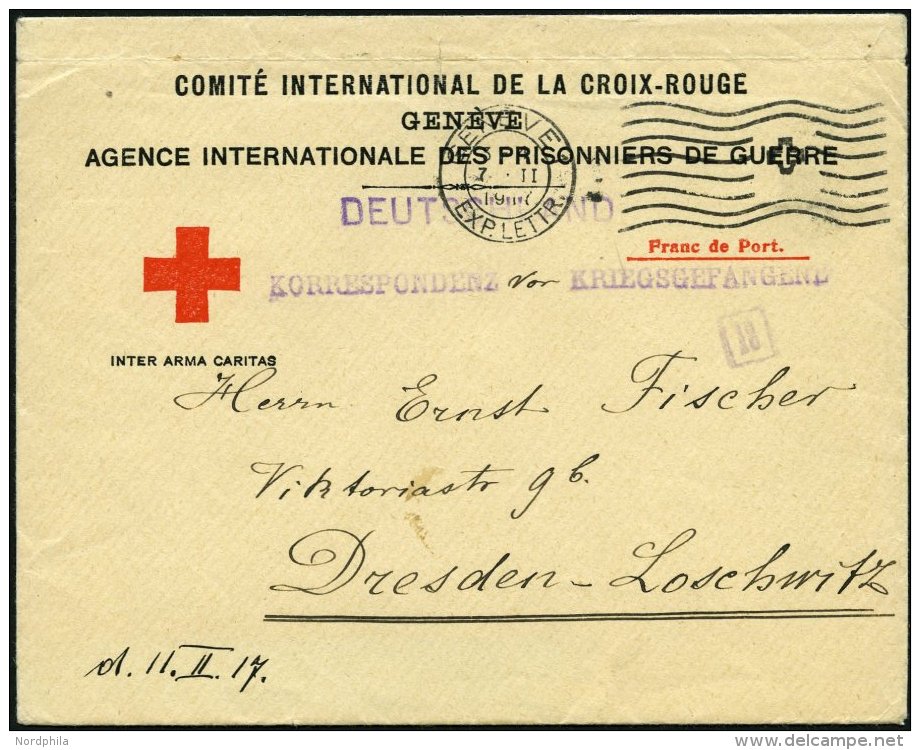 FELDPOST I.WK 1917, Vordruckbrief Vom Internationalen Roten Kreuz Von GENF Nach Dresden-Loschwitz, Violetter L1 KORRESPO - Usados