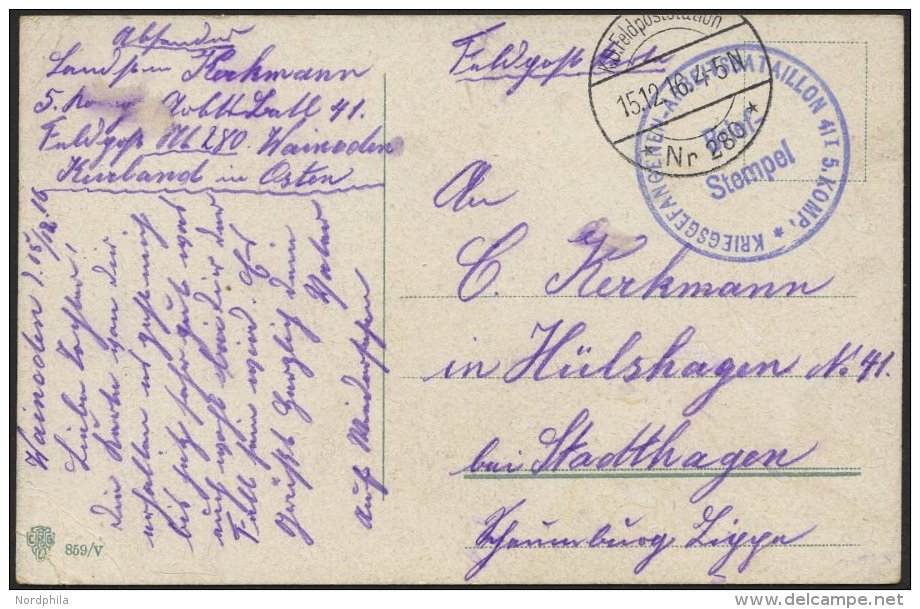 DT. FP IM BALTIKUM 1914/18 K.D. FELDPOSTSTATION NR. 280 **, 15.12.16, Auf Farbiger Ansichtskarte (Herzinnige Weihnachtsw - Lettland