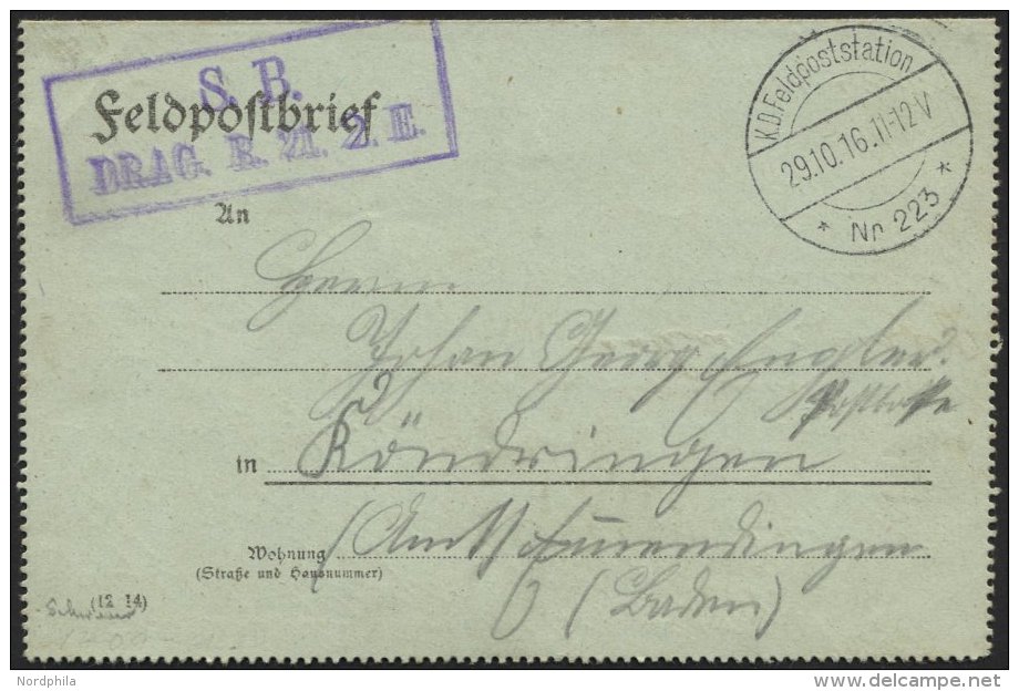 DT. FP IM BALTIKUM 1914/18 K.D. FELDPOSTSTATION NR. 223 **, 29.10.16, Auf Feldpostfalt-Brief Mit Violettem Briefstempel - Lettland