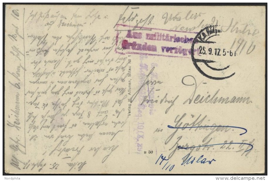 LETTLAND Feldpoststation Nr. 214, 25.9.17, Mit Aptiertem Stempel K.D. FELDPOST Auf Farbiger Ansichtskarte (Mitau-Schlo&s - Letonia