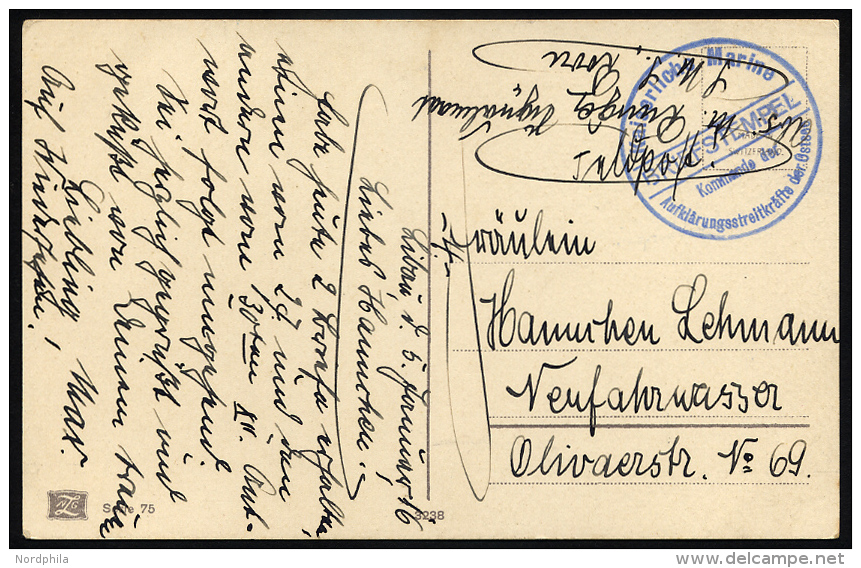 MSP VON 1914 - 1918 (Gro&szlig;er Kreuzer ROON), 5.1.1916, Blauer Briefstempel, Feldpost-Ansichtskarte Von Bord Der Roon - Schiffahrt