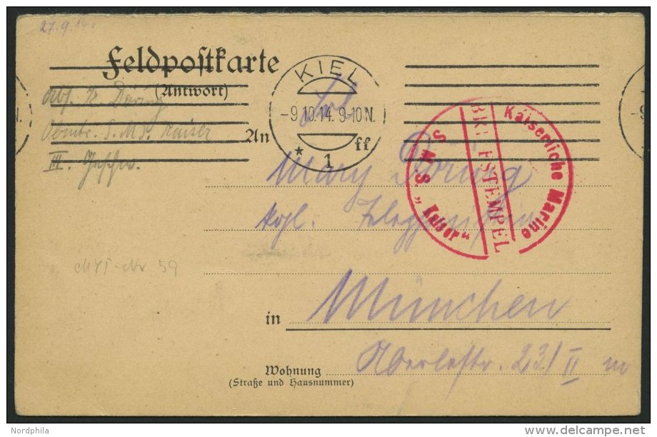 MSP VON 1914 - 1918 (Linienschiff KAISER), 9.10.1914, Roter Briefstempel, Feldpostkarte Von Bord Der Kaiser, Pracht - Marítimo