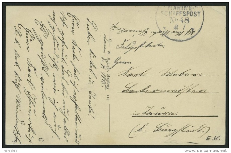 MSP VON 1914 - 1918 48 (LINIENSCHIFF TH&Uuml;RINGEN), 8.7.1915, Feldpostansichtskarte, Pracht - Marítimo