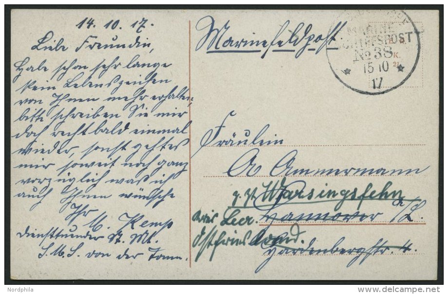 MSP VON 1914 - 1918 38 (Schlachtkreuzer VON DER TANN), 14.10.1917, Feldpost-Ansichtskarte Von Bord Der Von Der Tann, Pra - Schiffahrt