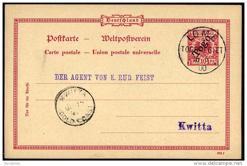 TOGO P 2 BRIEF, 1898, 10 Pf. Karmin, R&uuml;ckseitig Unbeschriftet, Mit Ankunftsstempel KWITTA-GOLD COAST, Pracht, Mi. 7 - Togo