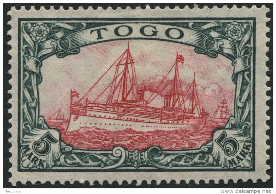 TOGO 23IIA *, 1919, 5 M. Gr&uuml;nschwarz/rotkarmin, Mit Wz., Kriegsdruck, Gez&auml;hnt A, Falzreste, Pracht, Gepr. J&au - Togo