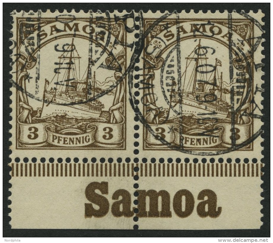 SAMOA 7 Paar O, 1900, 3 Pf. Dunkelockerbraun Im Waagerechten Paar Vom Unterrand Mit Inschrift Samoa, Ohne Wz, Pracht - Samoa