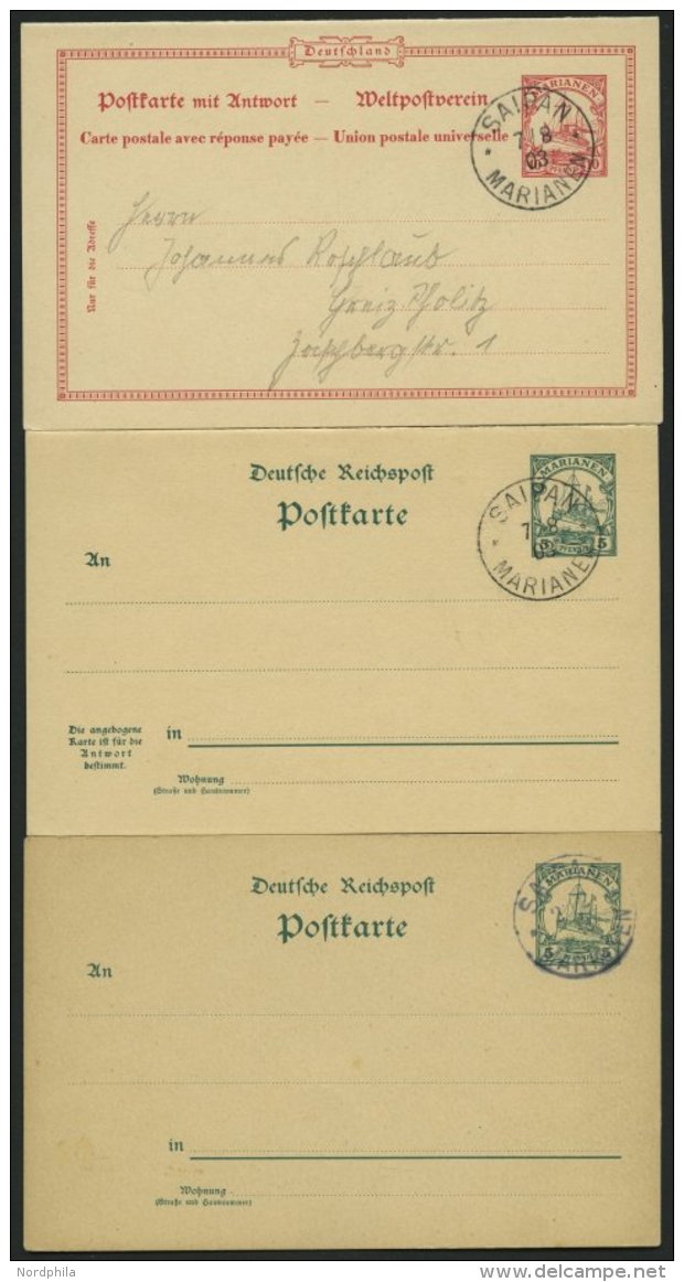 MARIANEN P 7,9,10 BRIEF, 1903, 5, 5/5 Und 10/10 Pf., 3 Leer Gestempelte Ganzsachenkarten, Pracht - Marianen