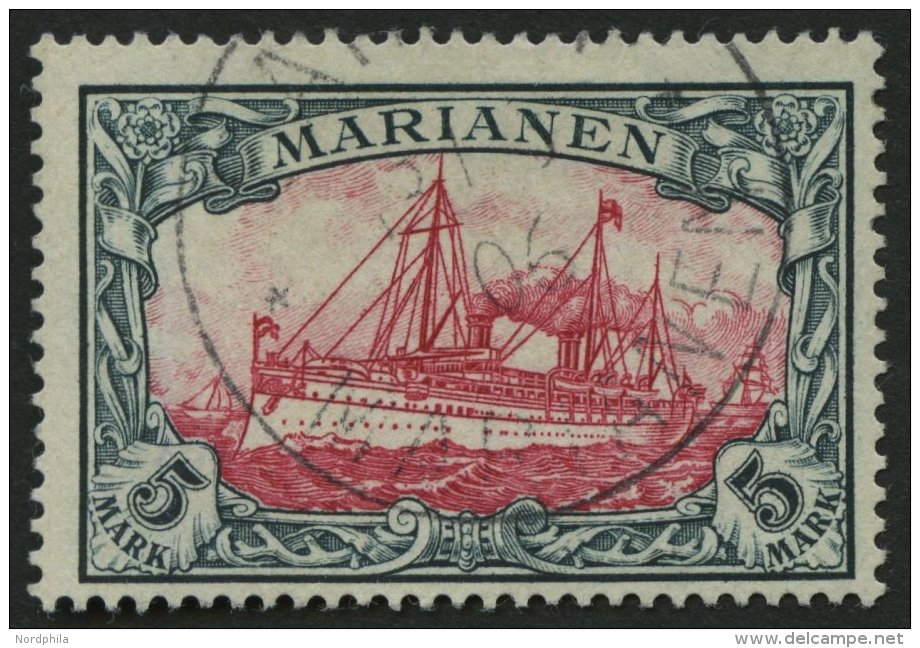 MARIANEN 19 O, 1901, 5 M. Gr&uuml;nschwarz/dunkelkarmin, Ohne Wz., Pracht, Fotoattest Steuer, Mi. 600.- - Islas Maríanas