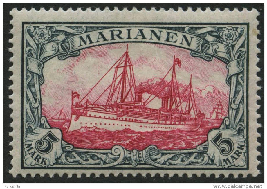 MARIANEN 19 *, 1901, 5 M. Gr&uuml;nschwarz/dunkelkarmin, Ohne Wz., Falzrest, Pracht, Signiert, Mi. 170.- - Marianen